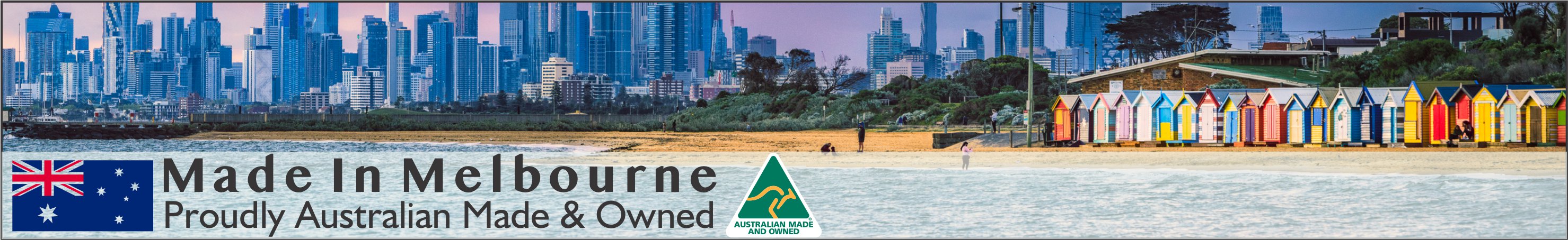 Australian Made Banner for Australian Ugg Boots. Brighton Beach Houses and Melbourne Skyline. Australian Made and Owned logo.