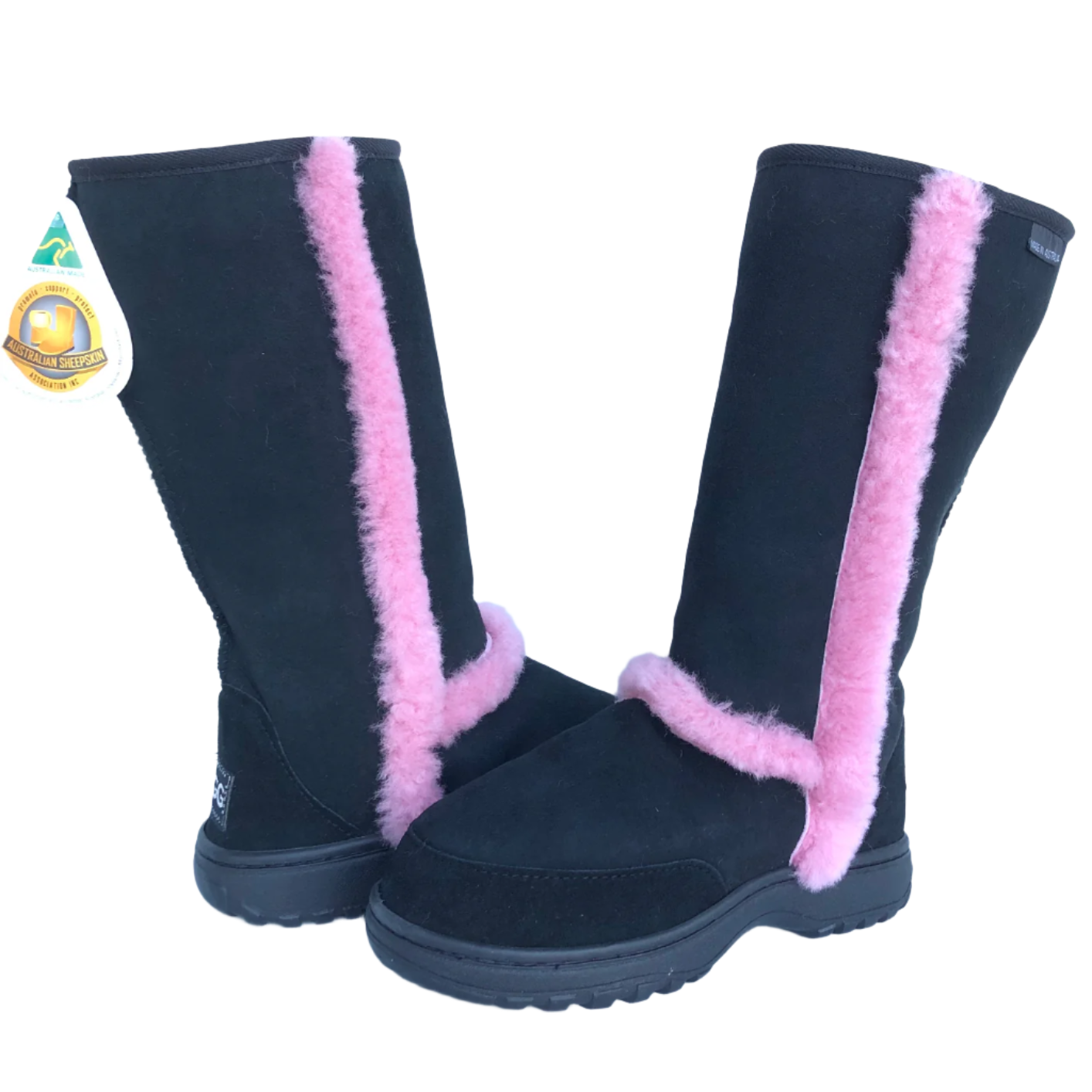 Outdoor Boots, Tall Black with Pink fluffy trim. Women's AU8