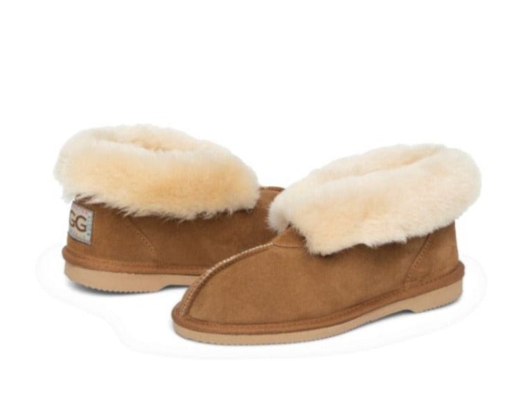 Kid's Ugg Slippers, with sheepskin rolled out at the top in chestnut