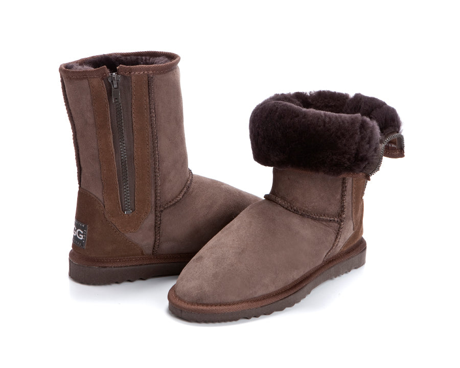 Chocolte Brown Ugg Boots with zips - Mid calf length. Australian Made