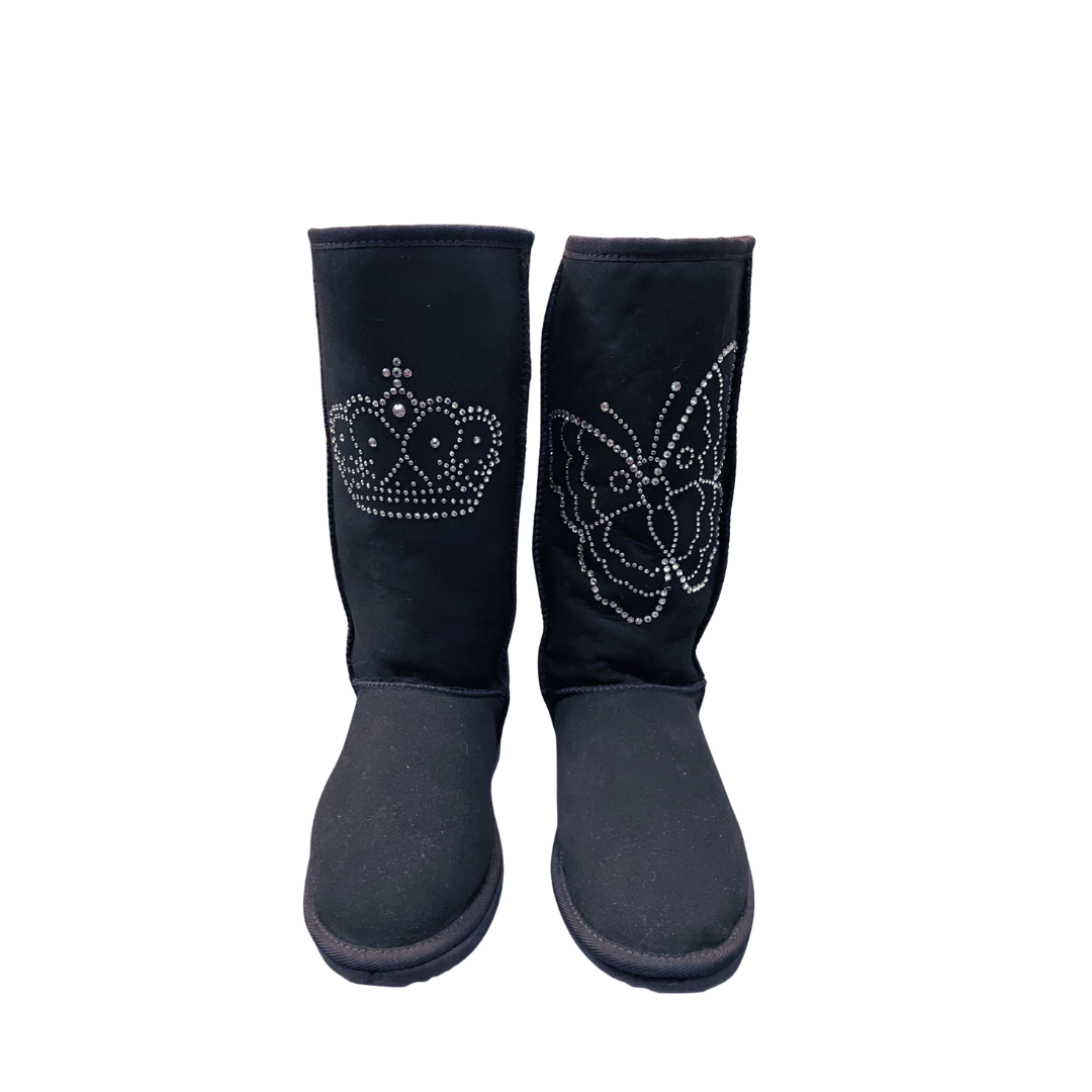 CLEARANCE CLASSIC TALL BOOTS BLACK (with butterfly/crown Swarovski design) - AU WOMEN'S 7 | MEN'S 6