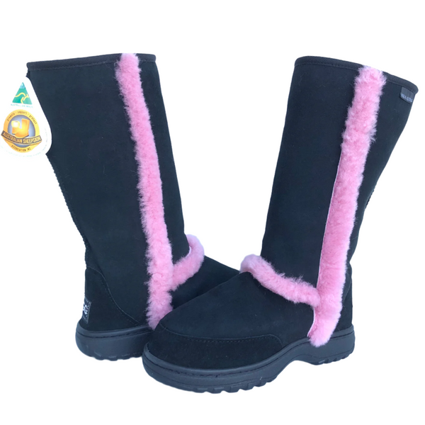 CLEARANCE OUTDOOR MOONLIGHT TALL BOOTS BLACK WITH PINK TRIM AU WOMEN