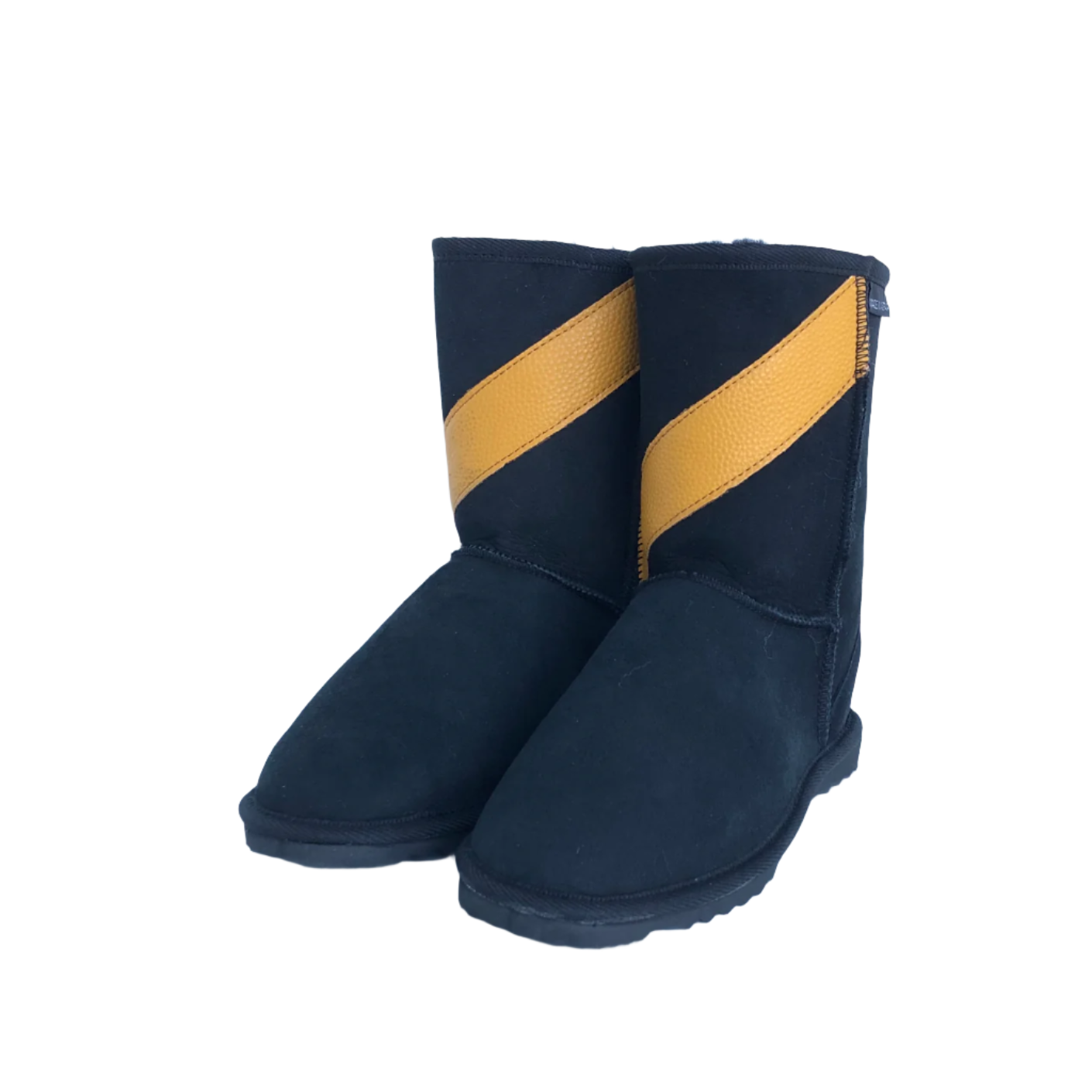 Pair of black Ugg Boots, team coloured with yellow leather style stripe diagonally across front