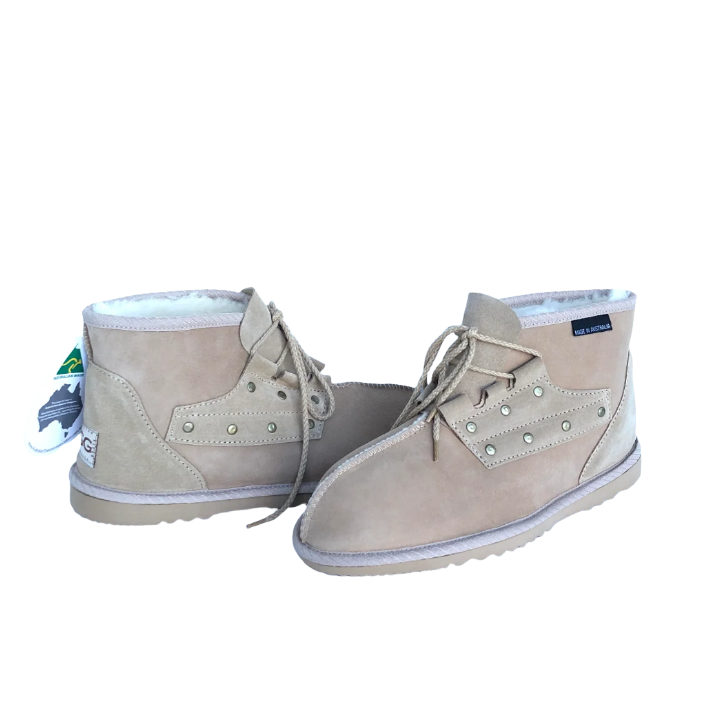 Pair of sand coloured chestnut desert boots with laces. Australian Made.