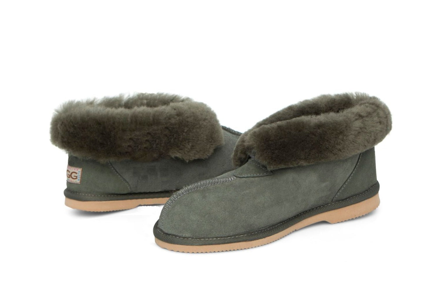 Kid's Ugg Slippers, with sheepskin rolled out at the top in camo