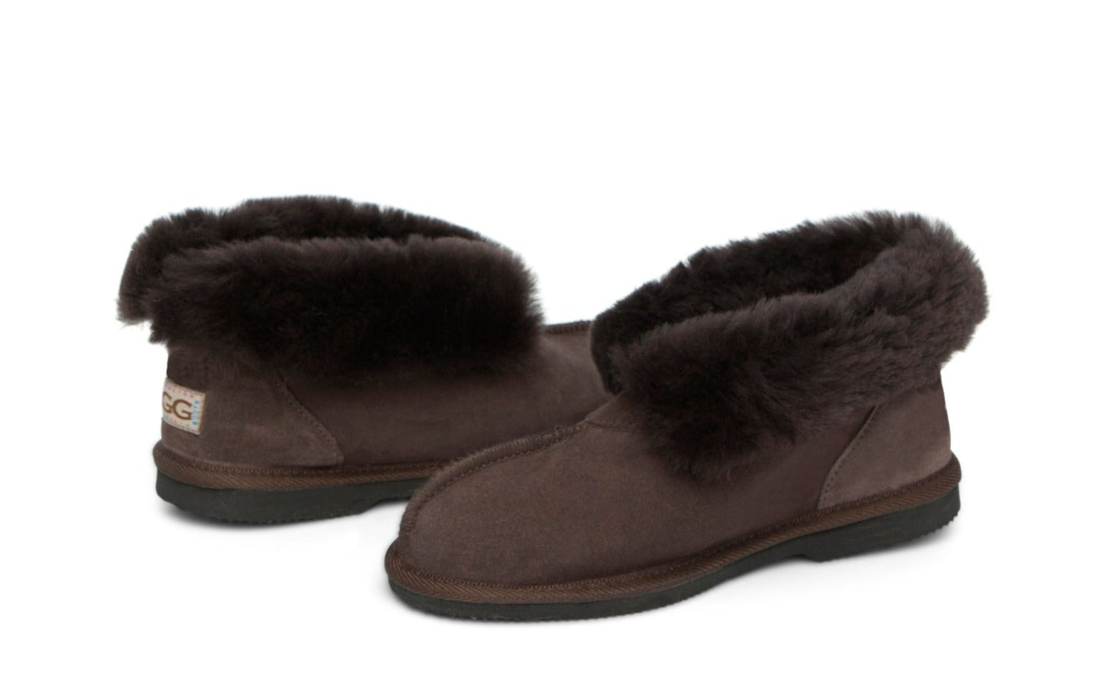 Kid's Ugg Slippers, with sheepskin rolled out at the top in chocolate