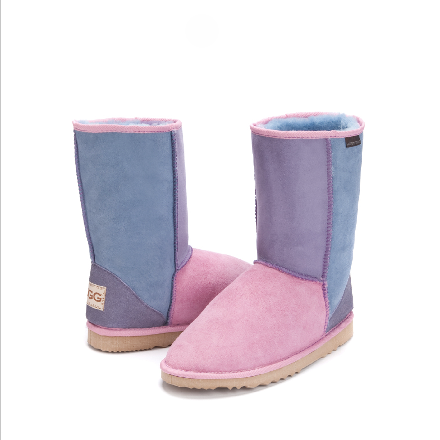 Kid's Harmony Boots in Rainbow patch, boots with sections in pink, lilac and denim blue