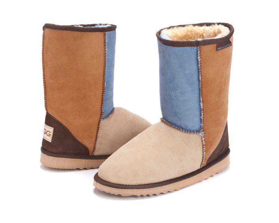 Harmony Boots Sky Patch - Kid's Ugg boots with patches in denim blue, chestnut and sand and chocolate trimmings.